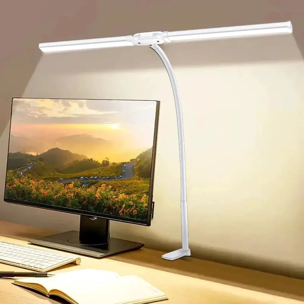 Simples Market LED desk lamp with white finish, adjustable gooseneck, stepless dimmable double-head light