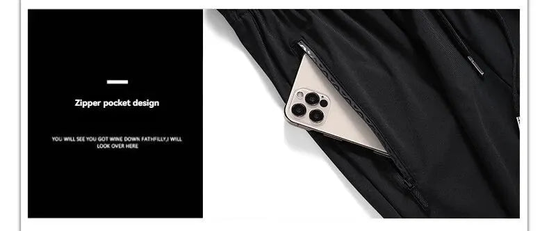 Simples Market men's ice silk pants, black quick-dry outdoor running pants with zip pocket