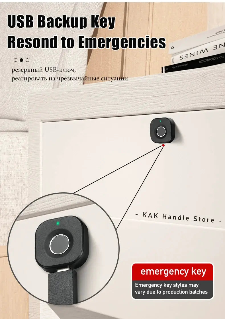 KAK biometric fingerprint lock, black keyless cabinet lock with circular sensor and green LED on a white cabinet