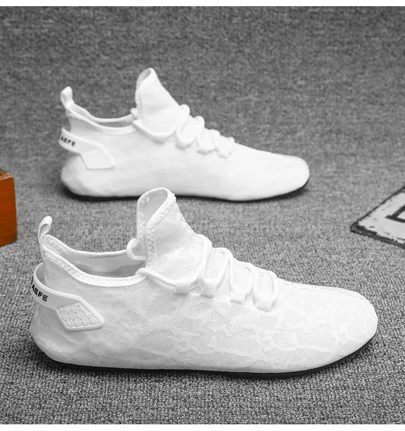Two white mesh loafers for men with laces, breathable driving moccasin style