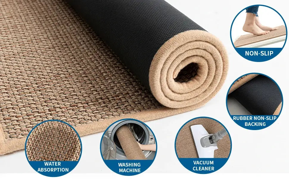 Simples Market washable non-slip faux-sisal kitchen rug with natural rubber backing.