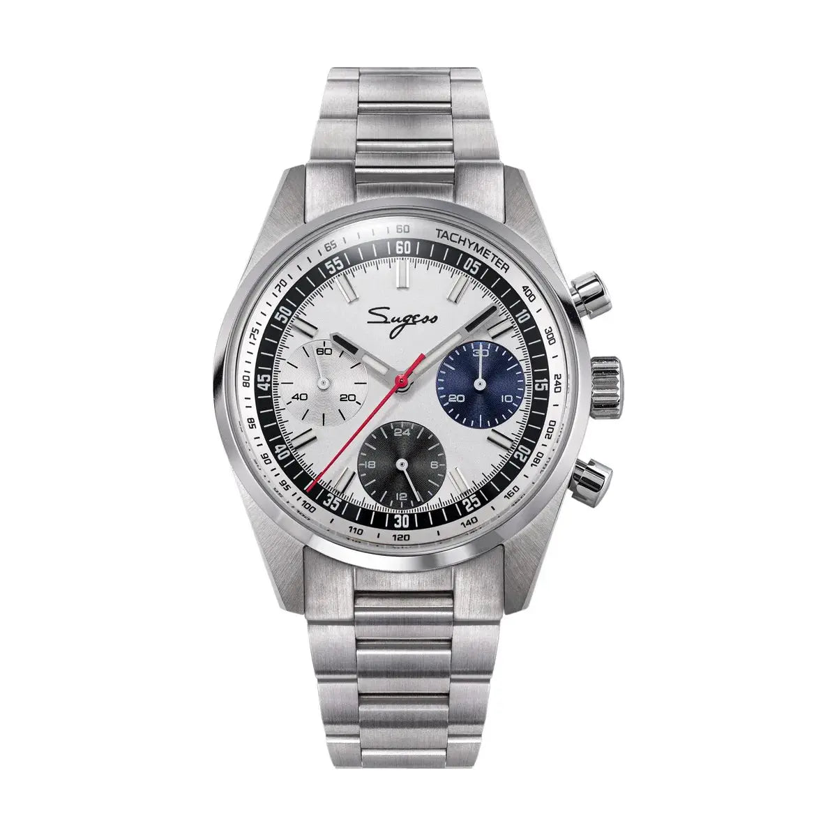 Sugess men's stainless steel chronograph watch with white dial and three subdials white blue black, tachymeter bezel