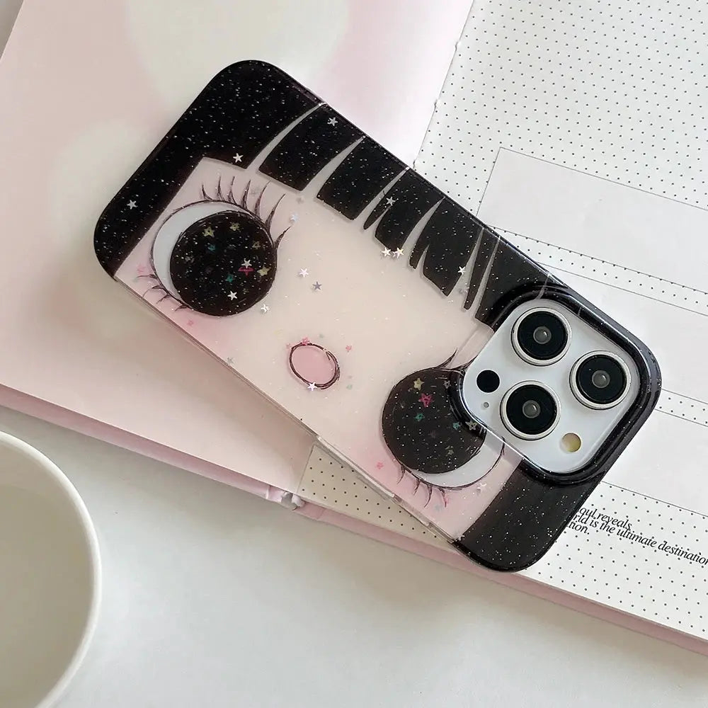 KawaiiTech Cartoon Anime Shining Eyes Phone Case Glittering Big Eyes Silicone For IPhone 13 14 15 16 17 Pro Max