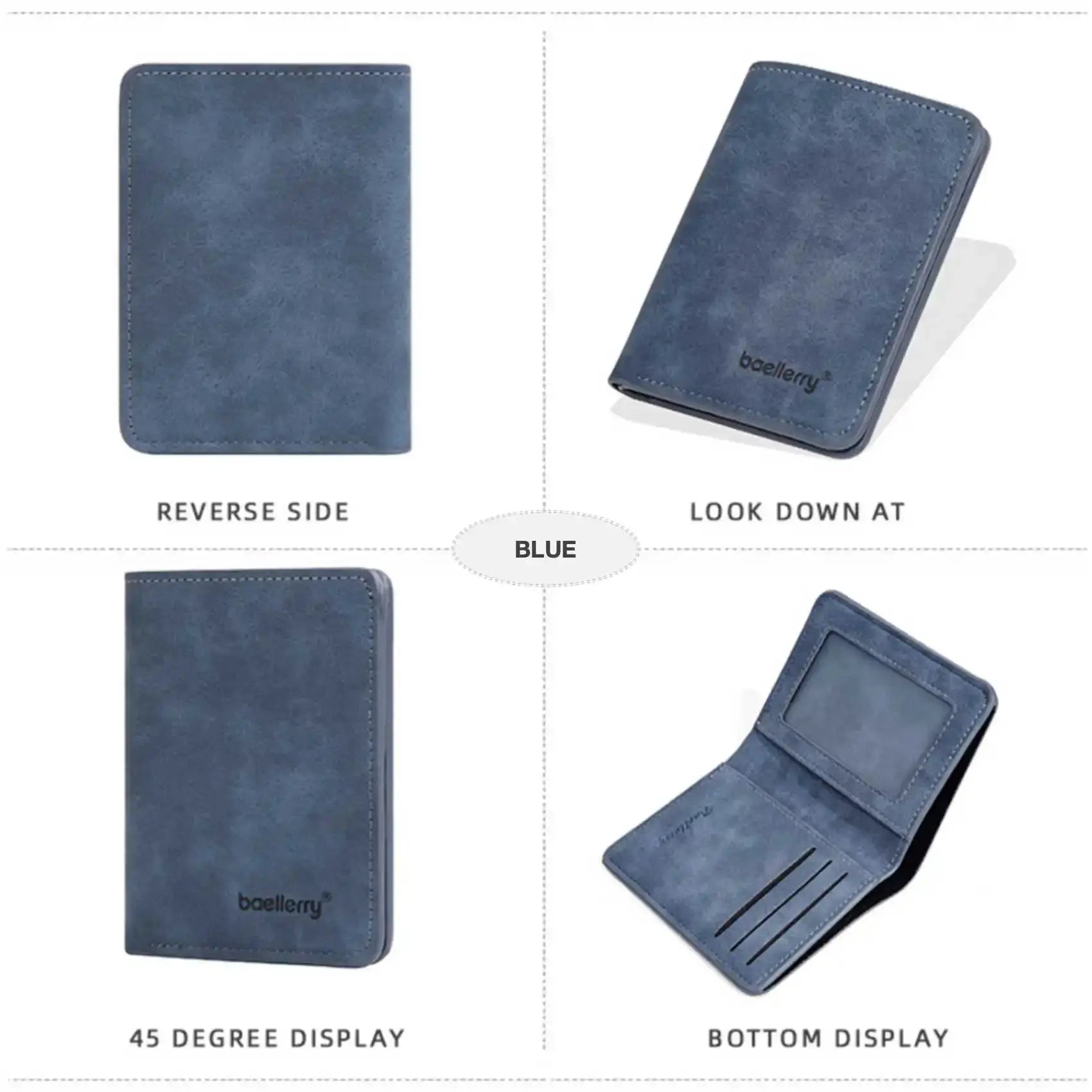 Bifold wallet in blue thin-sanded leather by Baellerry with multi-card slots and driver's license slot.