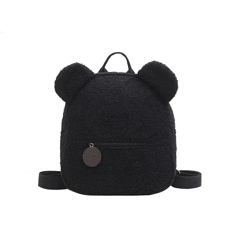 Backpack for kids with bear ears, black fleece material, front zip pocket with bear charm, Simples Market