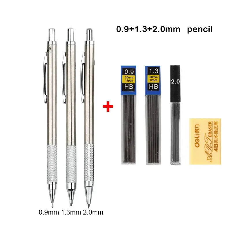 Simples Market full-metal mechanical pencil set: three pencils (0.9mm, 1.3mm, 2.0mm) with HB lead refills and extra eraser.