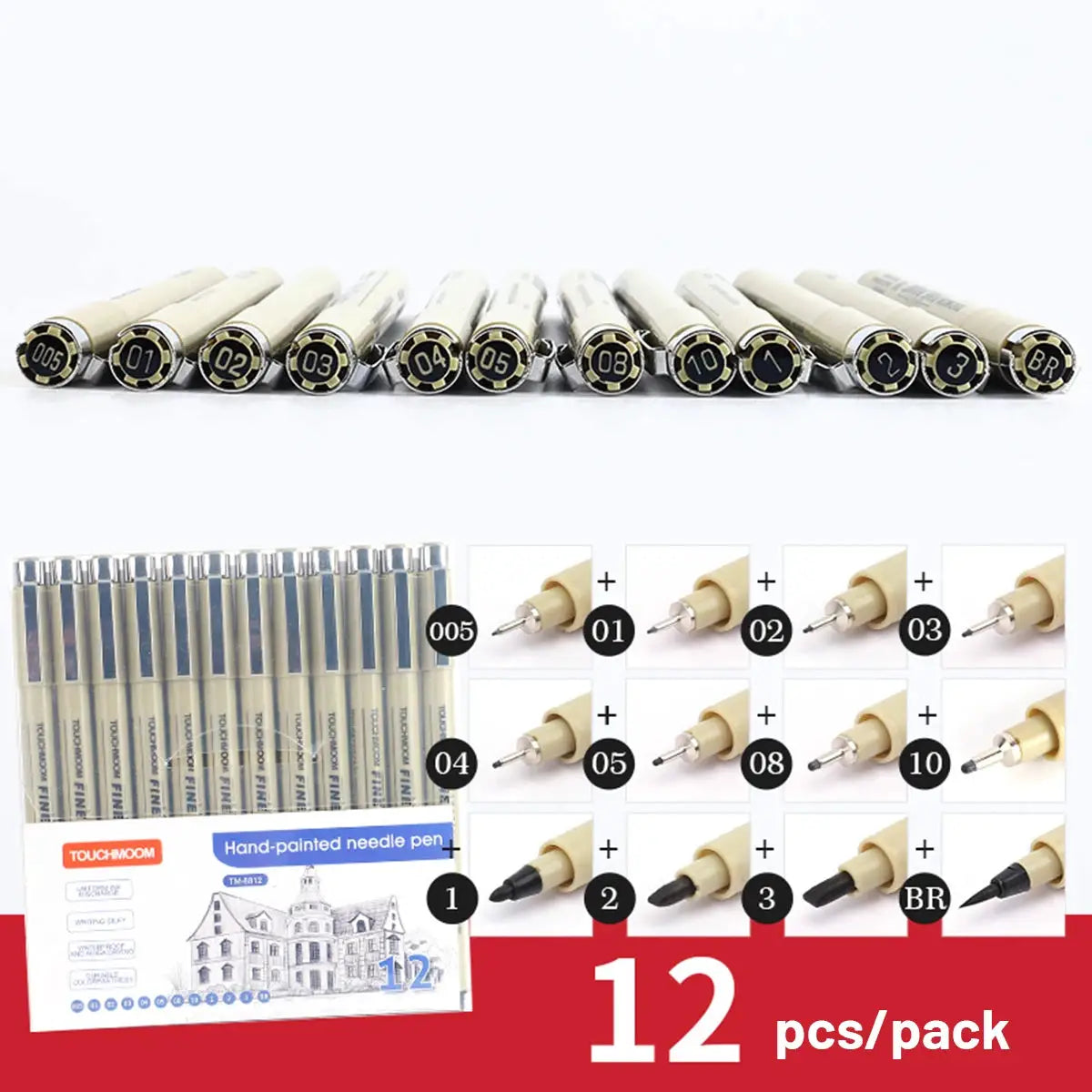 Simples Market hand-painted needle fineliner pen set, 12 pcs, beige bodies with metal nibs
