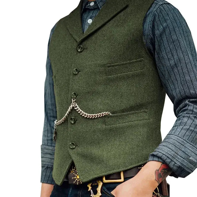 Simples Market wool tweed men's sleeveless vest waistcoat in olive green