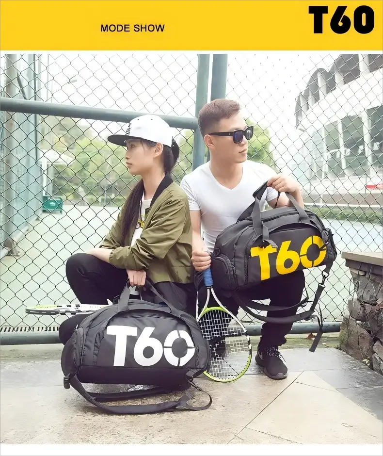 Gym bags: two black T60 duffel-style bags with white logos; waterproof and portable for fitness and travel.