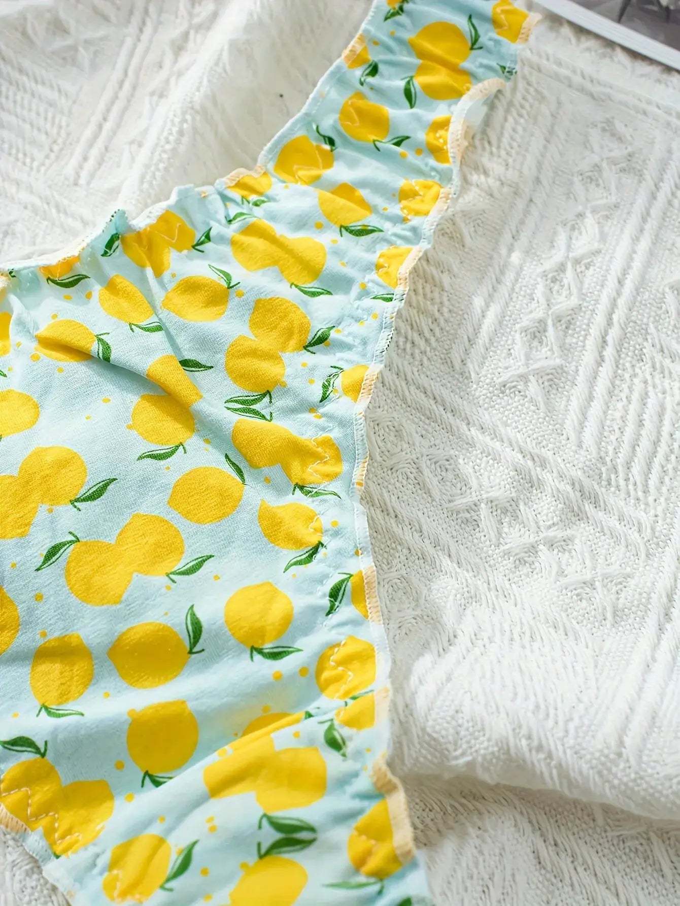 Simples Market lemon-print cotton women's thong underwear with ruffled edges on light-blue fabric