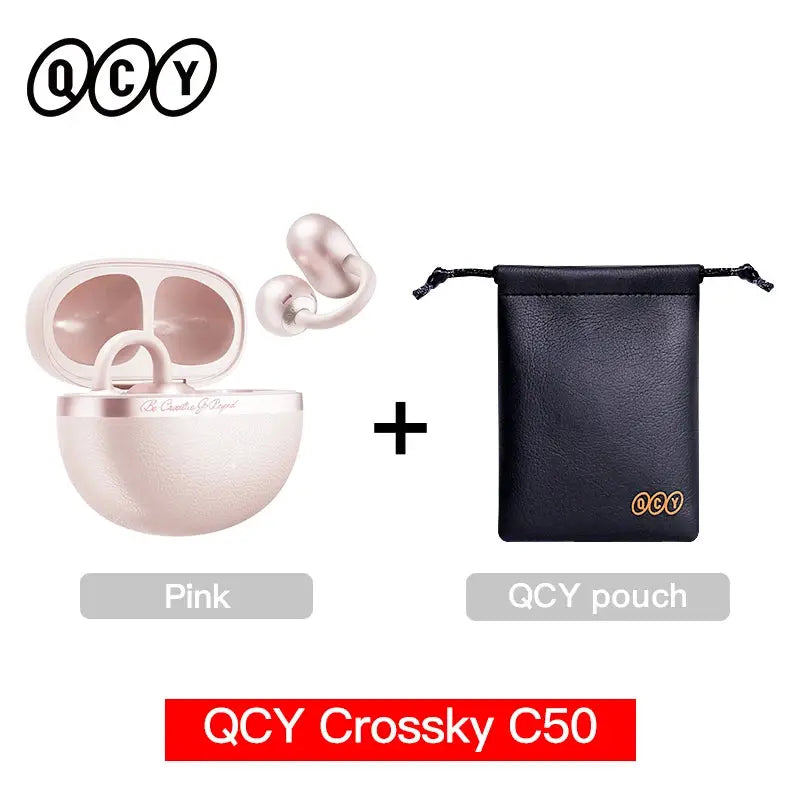 QCY Crossky C50 open-ear wireless earbuds in pink with charging case; 2-piece set includes black QCY pouch