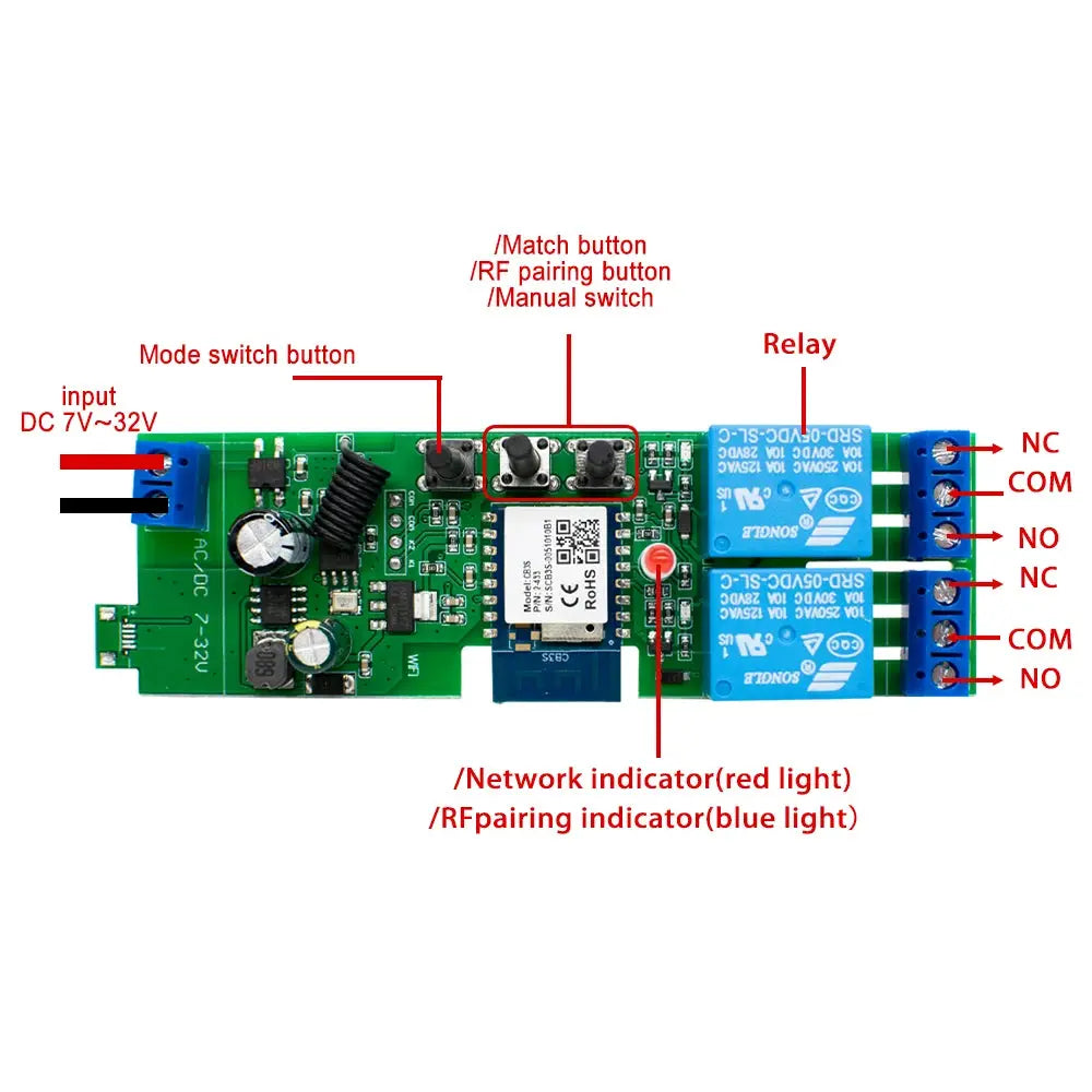 WIFI smart garage gate relay module with two blue relays on green PCB; DC input 7-32V, RF and network LEDs