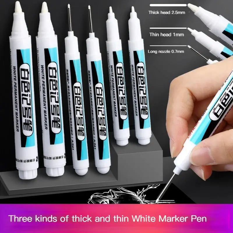Simples Market white permanent marker pen set; 0.7mm nib for wood, plastic, glass, metal