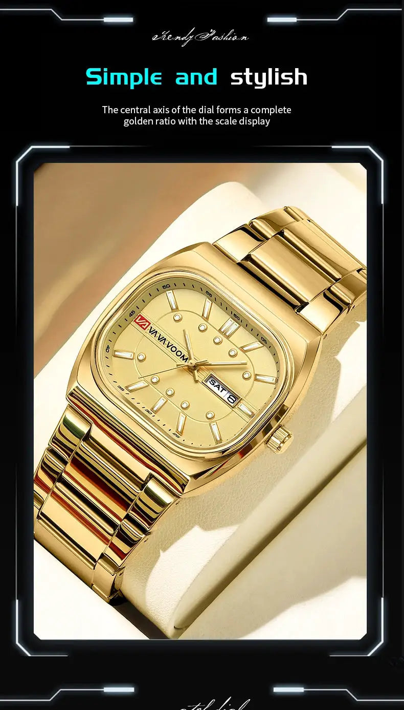 Gold-tone men's 40mm square quartz diver-style watch with day/date window and gold bracelet