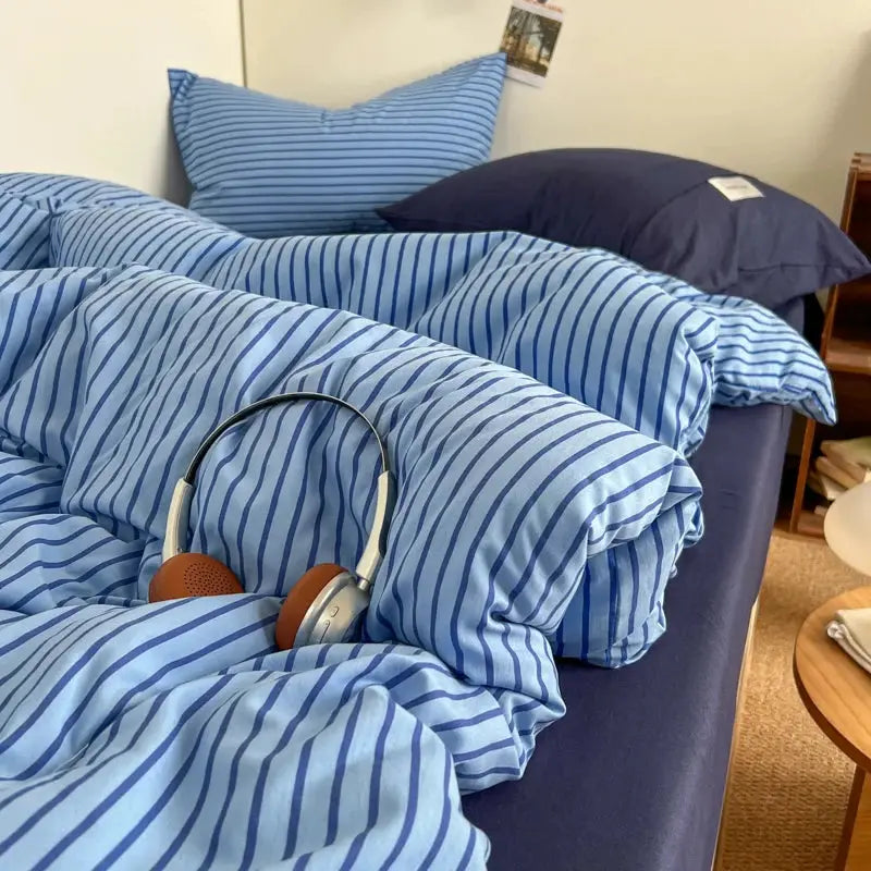 3-piece bedding set blue stripe duvet cover with pillowcases and bedsheet, Simples Market