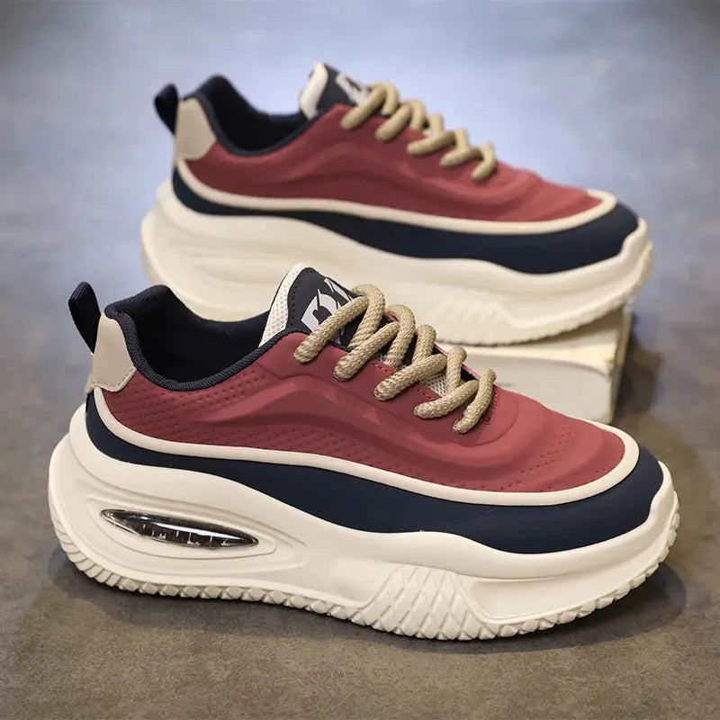 Men's casual sports shoes by Simples Market, maroon/navy thick-soled sneakers with beige laces (pair shown)