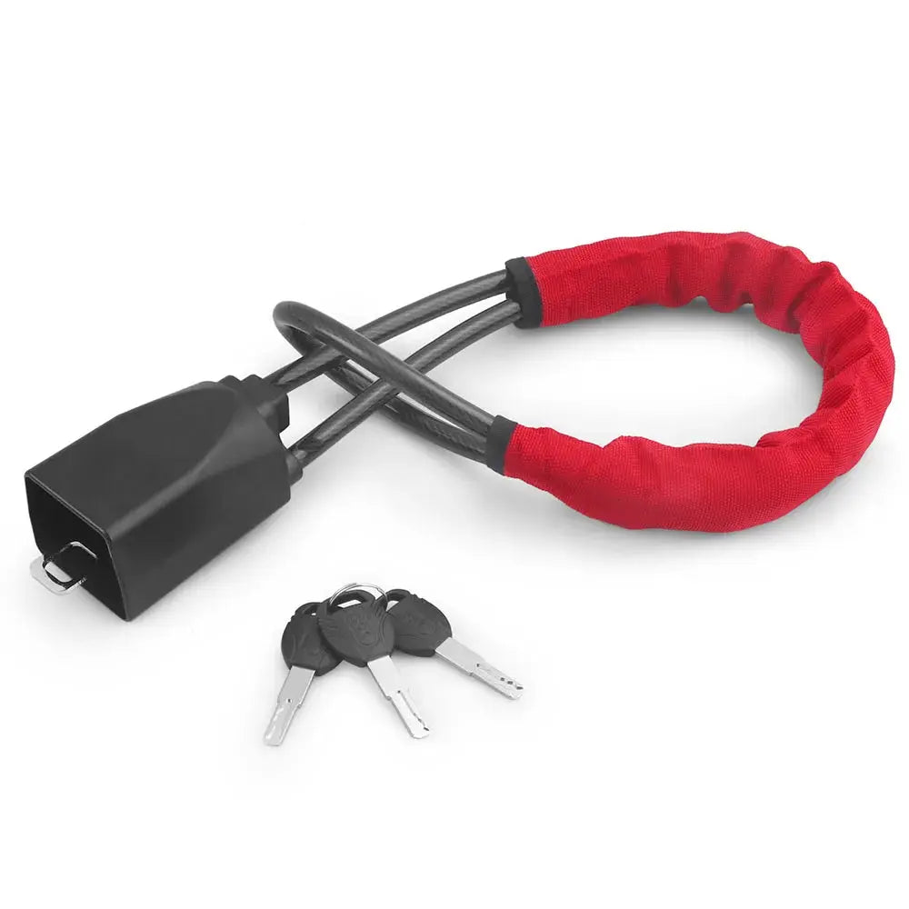 Steering wheel lock for car with red fabric-covered steel rope and 3 keys by Simples Market