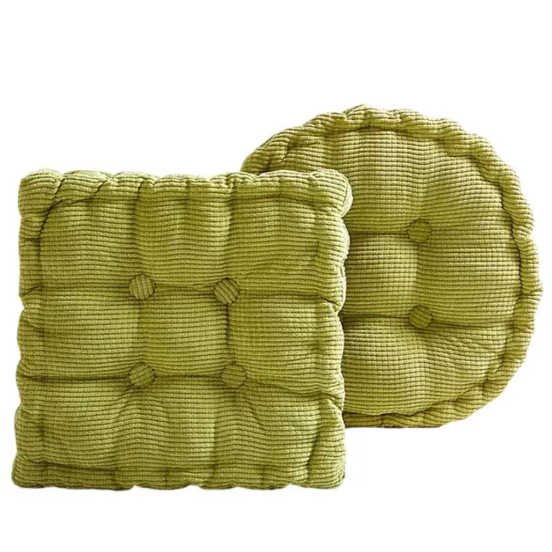 Two tufted seat cushions, large square and round chair pads in olive green, 50x50 cm.