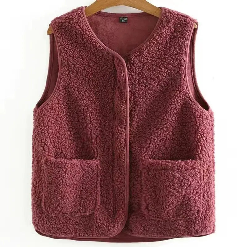 Simples Market men's burgundy lamb fleece vest with plush sherpa texture, zip front, two pockets
