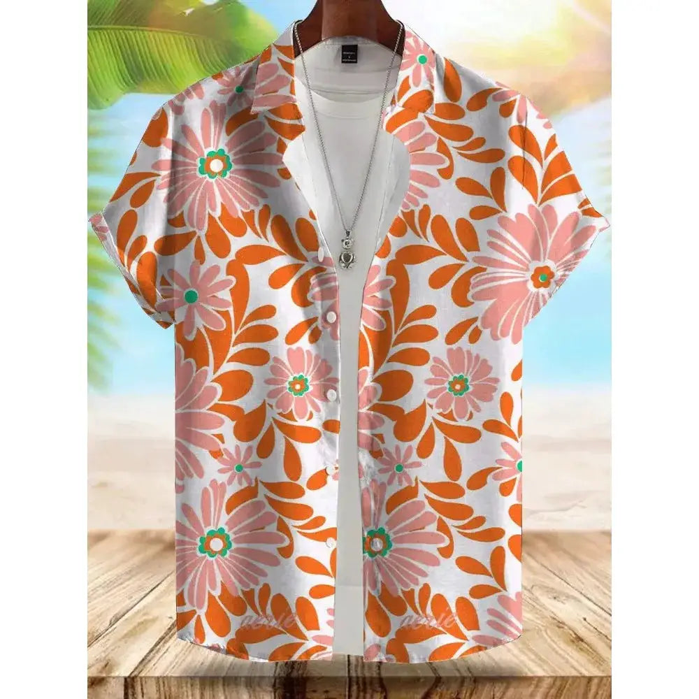 Simples Market Seaside Hawaiian style men's short-sleeve shirt with orange pink floral print on white.