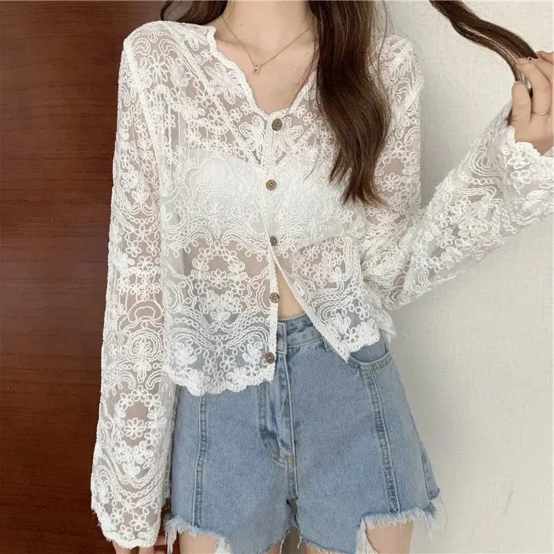 White lace blouse, sheer long-sleeve top with floral lace and button-front.