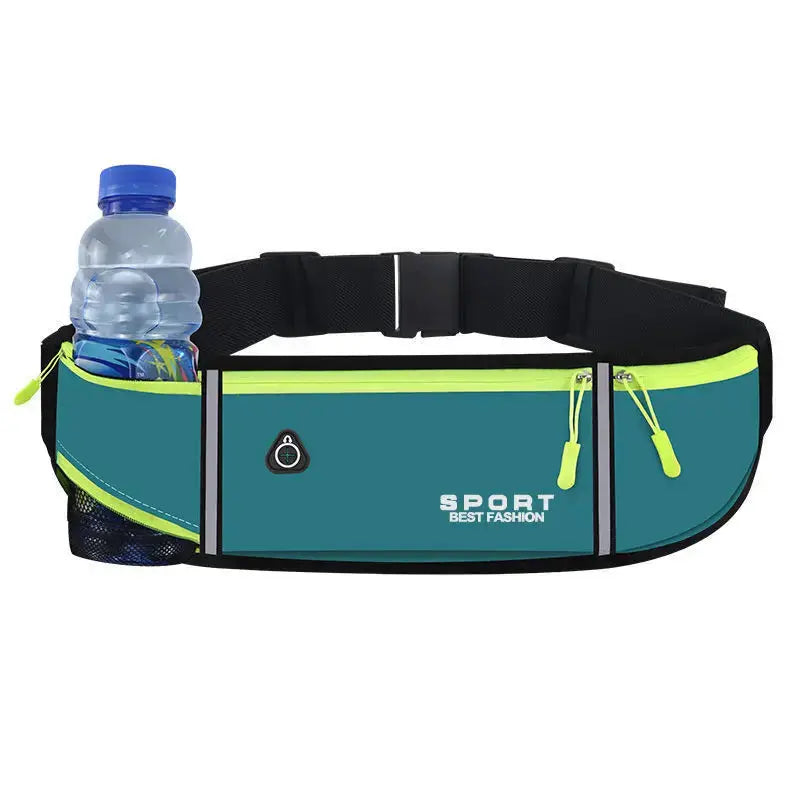 Simples Market outdoor running waist bag with three waterproof pockets; teal with neon yellow zippers and bottle holder