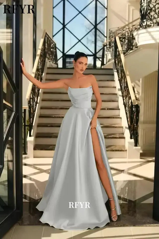 RFYR Green Satin Evening Dress Pleats A Line High Split Prom