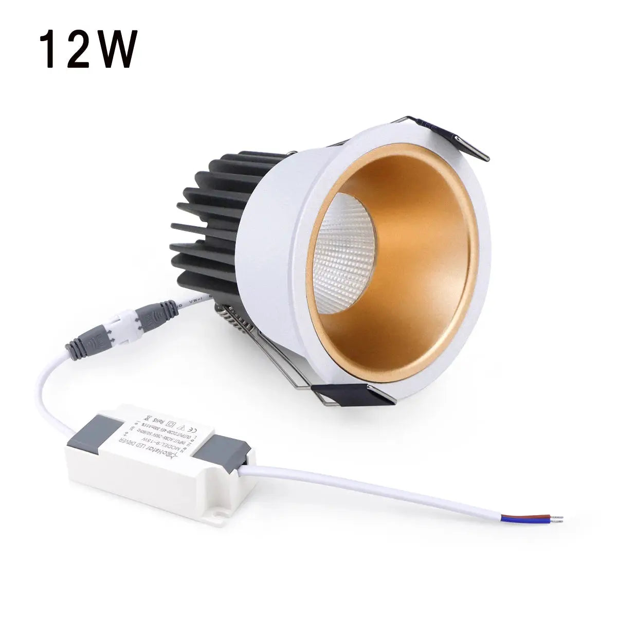 Simples Market recessed aluminum COB LED spotlight, white outer with gold reflector, 12W with driver