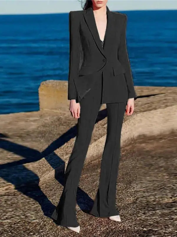 Black women's blazer suit with single-button blazer and flare pants
