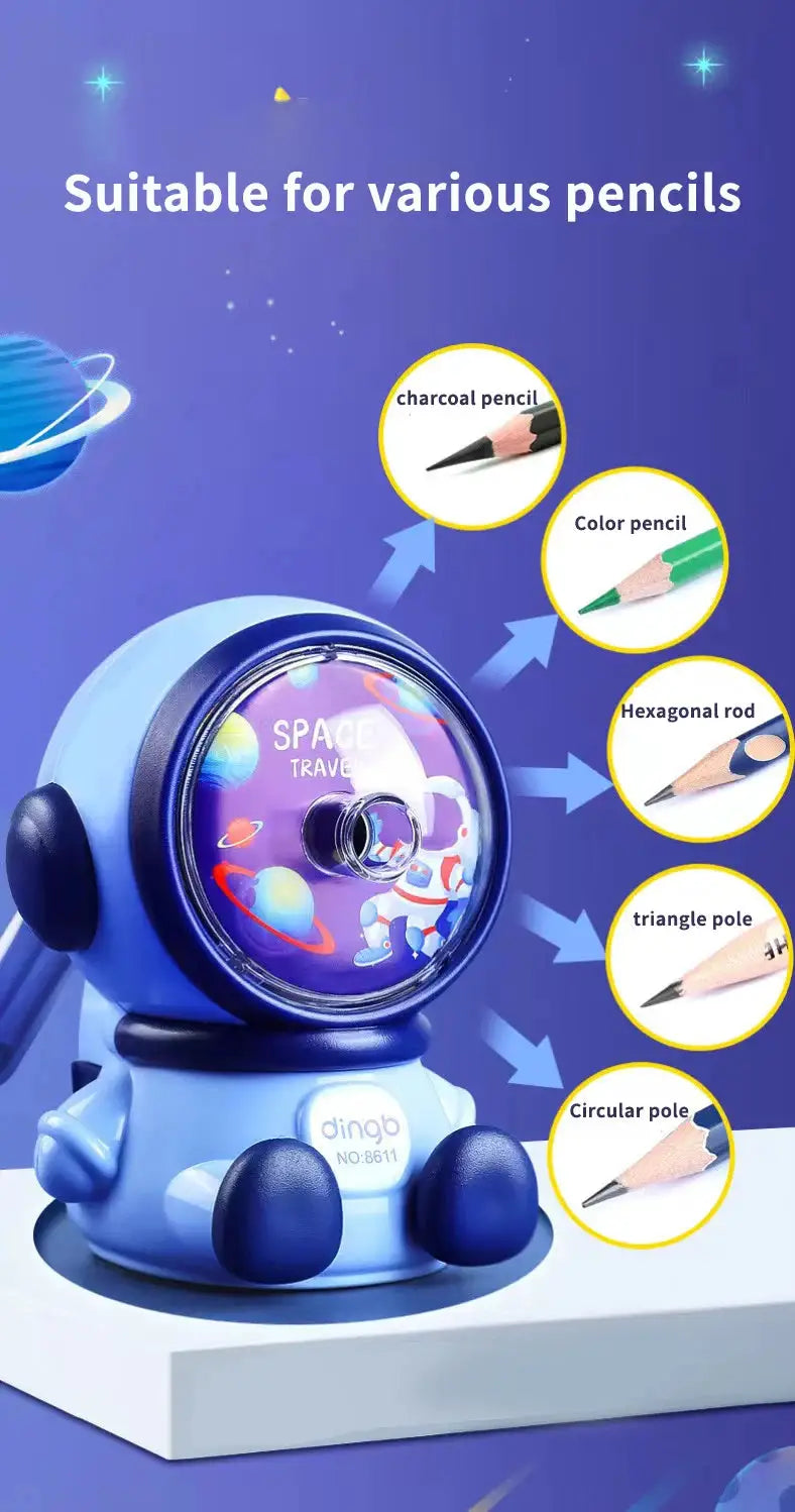 Blue astronaut cartoon pencil sharpener with clear dome and hand crank; suitable for various pencils