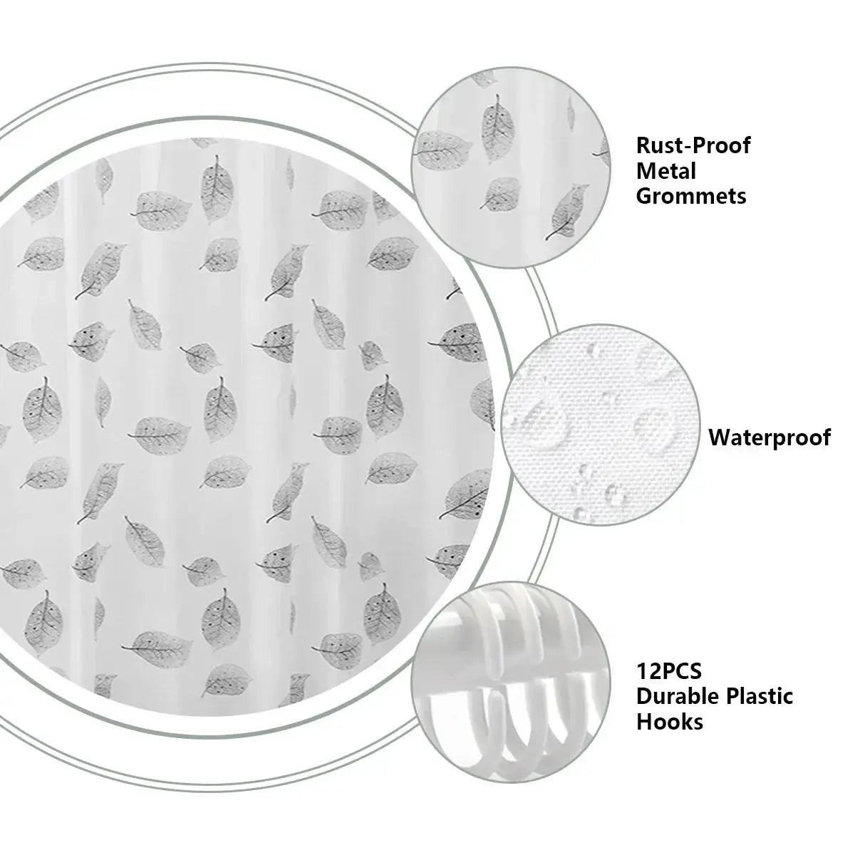 Leaf-pattern plastic shower curtain by Simples Market, transparent with rust-proof metal grommets and 12 plastic hooks