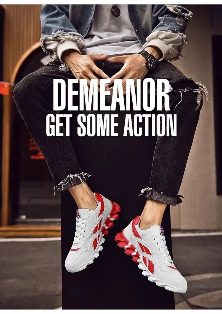 Brand Trend men's wear-resistant cushioning sneakers, thick white soles with red accents, Simples Market