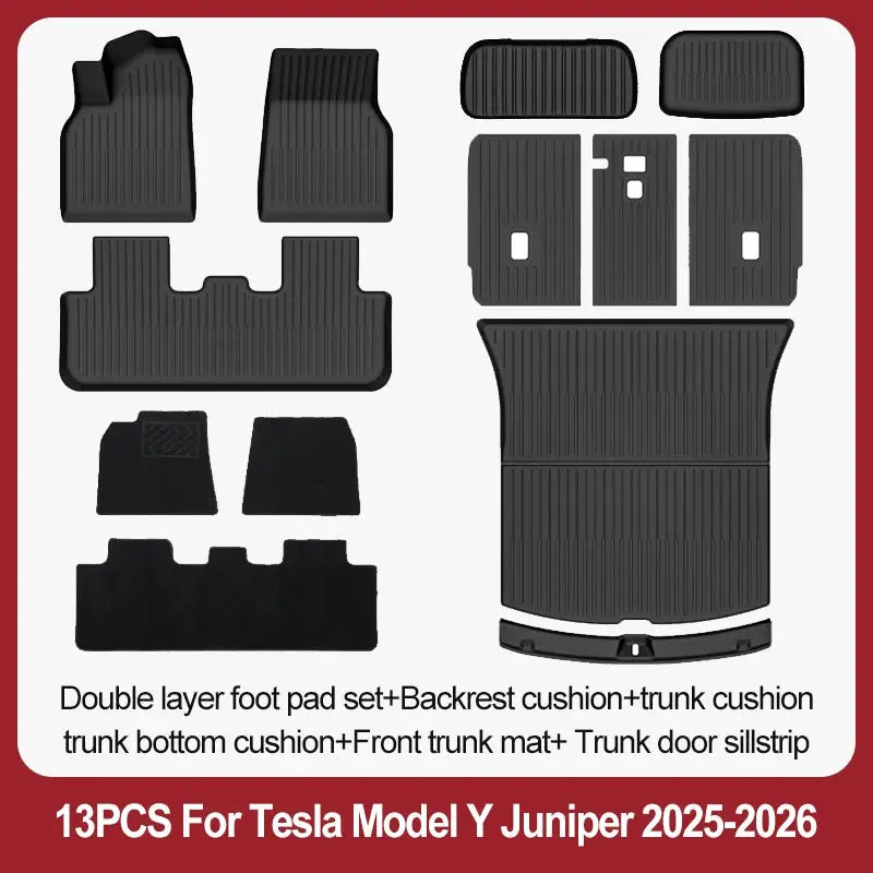 Tesla Model Y Juniper 13-piece black TPE floor mat set for 2025–2026, includes front, rear, and trunk mats by Simples Market