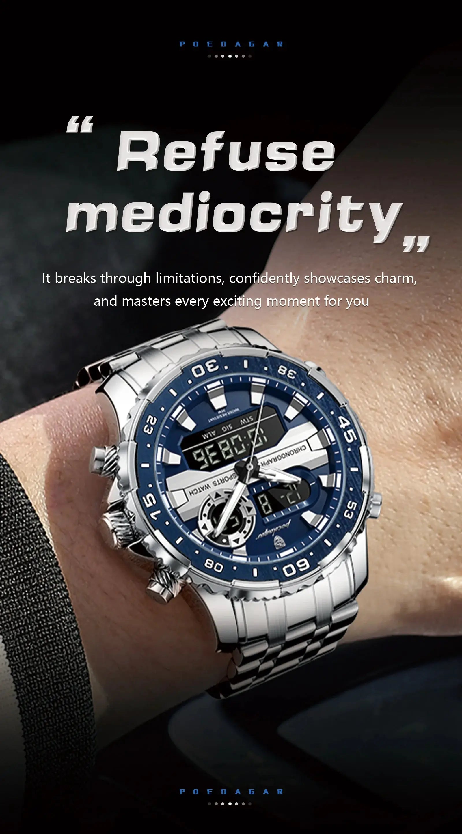 POEDAGAR men's stainless steel wristwatch with blue dial, dual analog-digital display