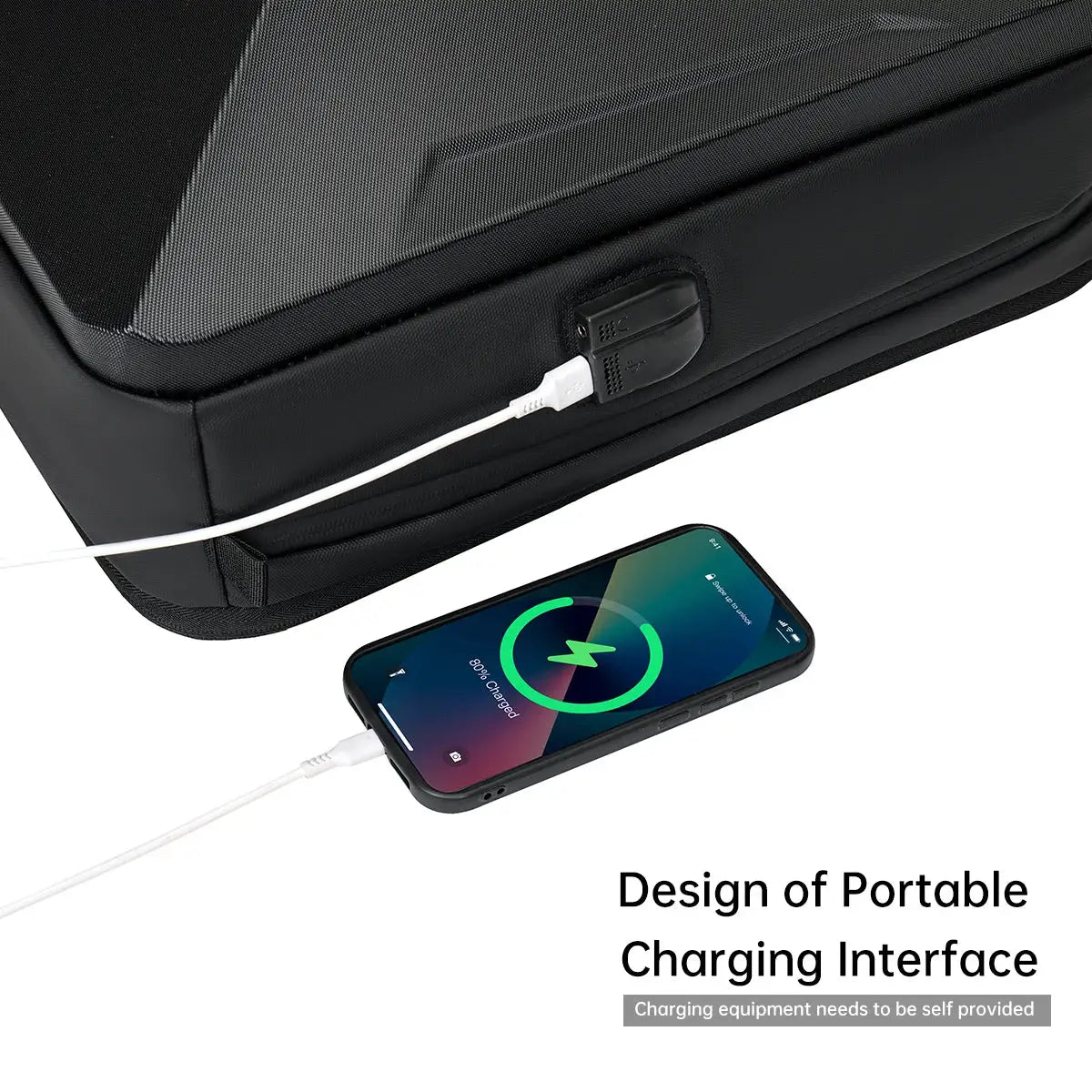 Black hard-shell backpack with built-in USB charging port for business and travel use