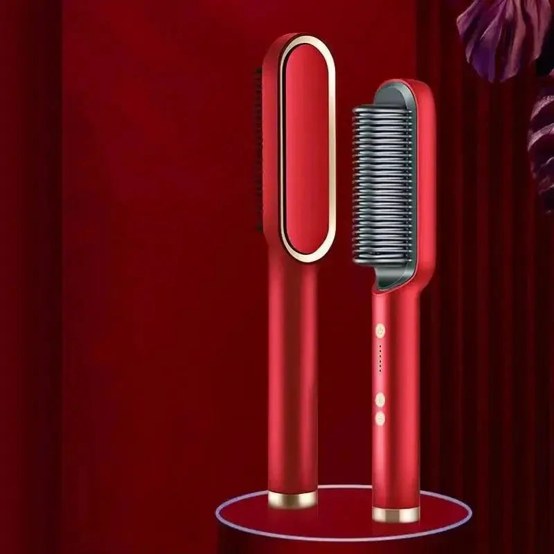 Red 3-in-1 ceramic straightening brush with curling comb hair styling tool