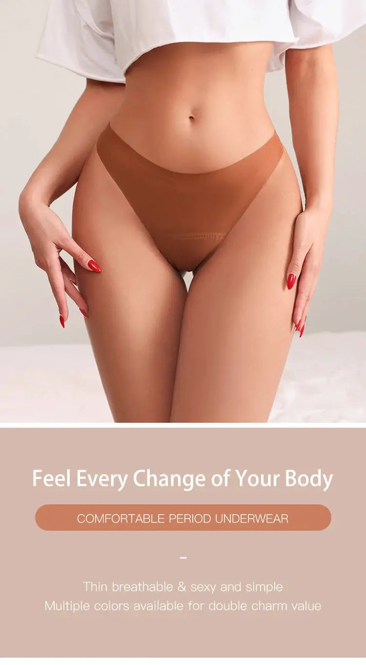 Menstrual thong underwear, brown seamless low-waist leak-proof four-layer design.