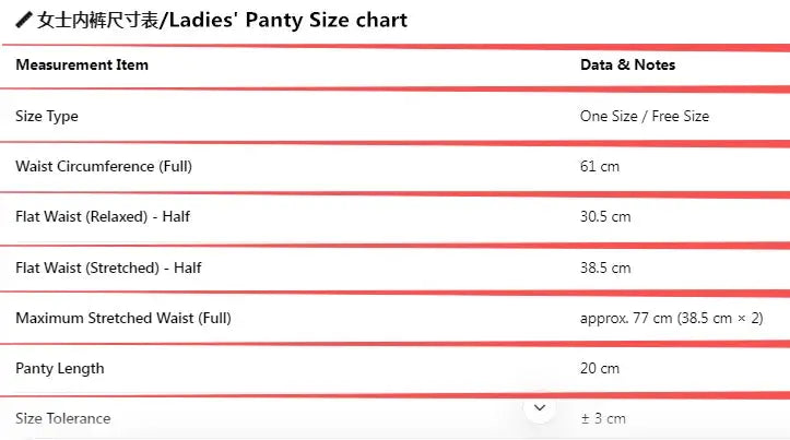 Ladies' panty size chart, One Size: waist 61 cm; max stretched 77 cm; panty length 20 cm; tolerance ±3 cm.