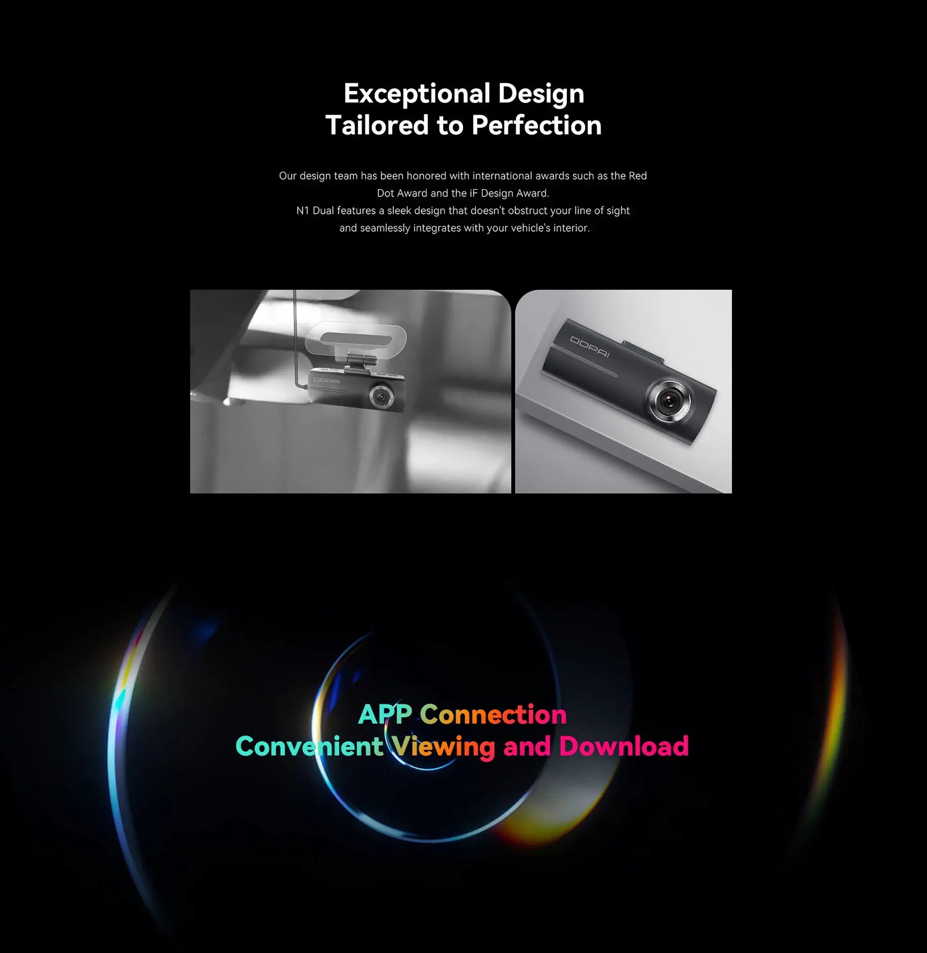DDPAI Dash Cam N1 dual front/rear recording; NightVIS 1296P; two grayscale photos show device with app control