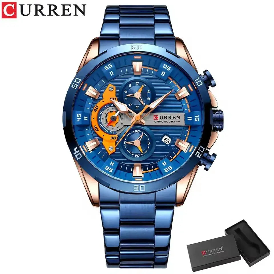 Curren 8402 wristwatch; blue stainless steel band with rose gold accents, luminous dial and chronograph