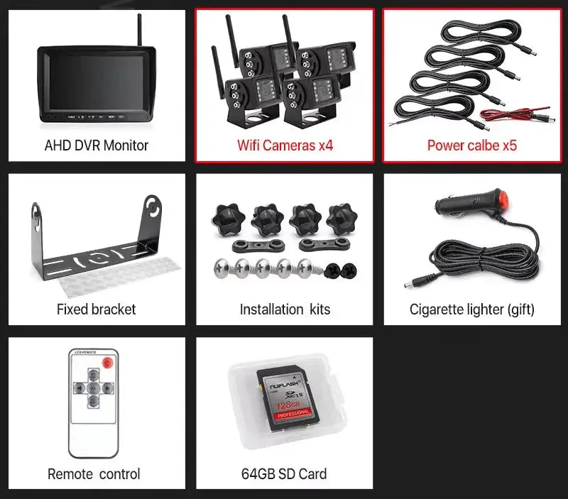 AHD DVR Monitor with 4 wifi cameras, 5 power cables, fixed bracket, installation kits, remote, 64GB SD card