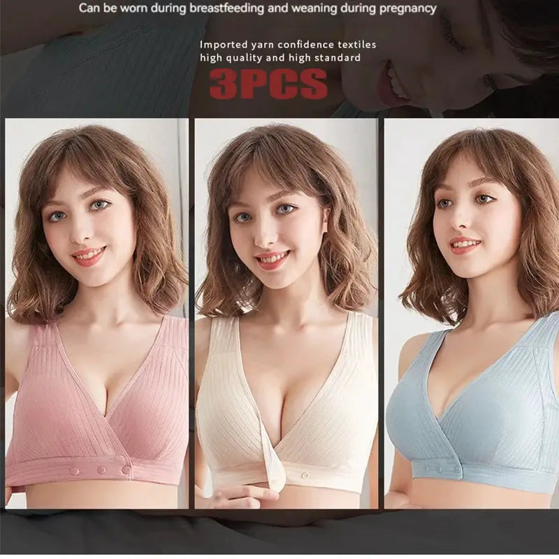 Simples Market 3-pack women's cotton front-buckle vest-style bras in pink, beige, and blue