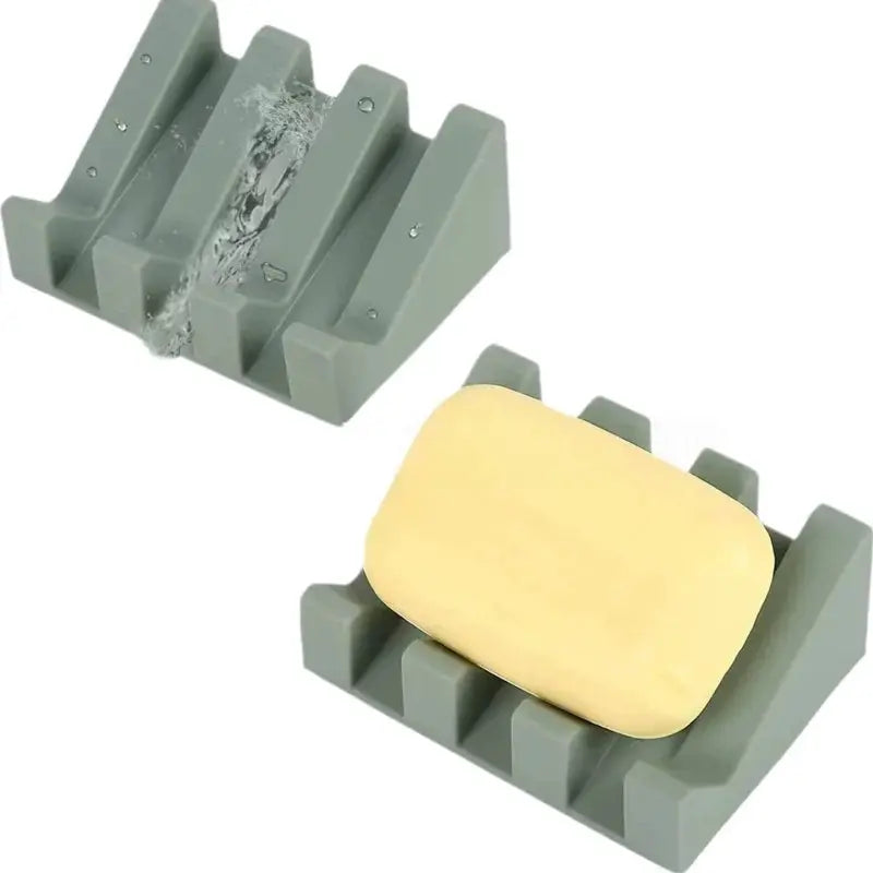 Simples Market silicone soap dish with tilt drain rack in grey-green; bathroom/kitchen sponge holder