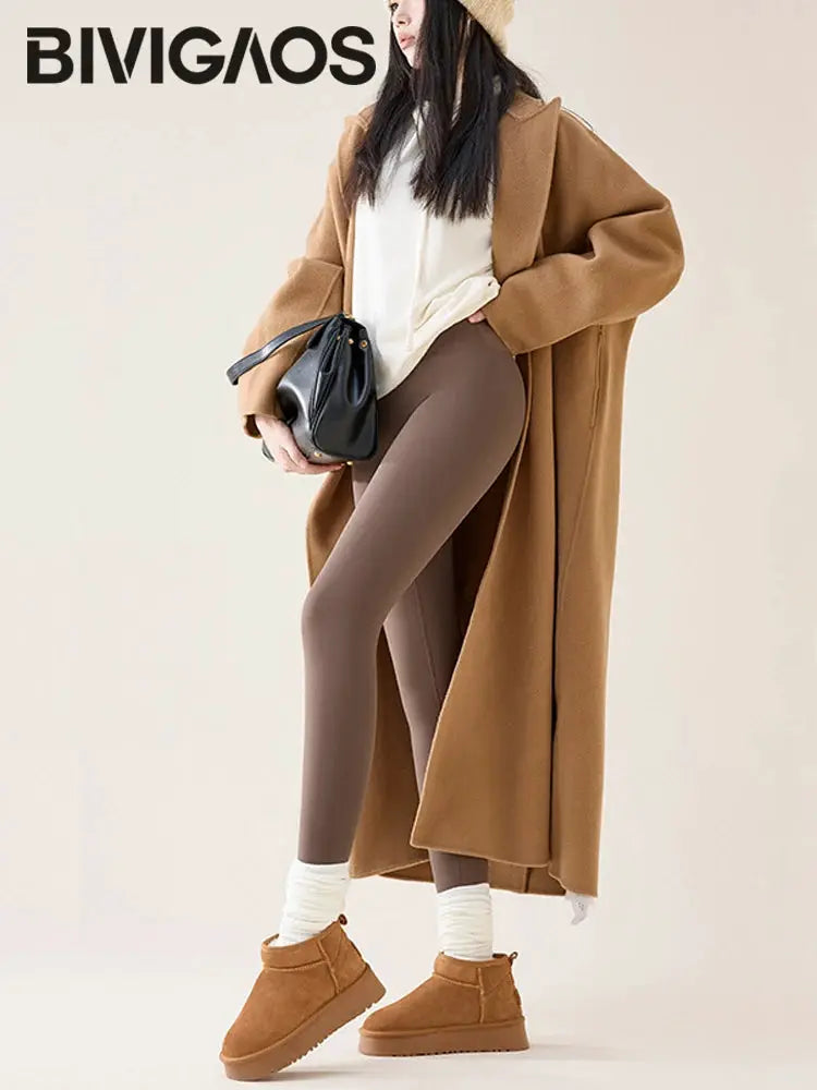 Leggings by BIVIGAOS: high-waist fleece sharkskin women's leggings in brown