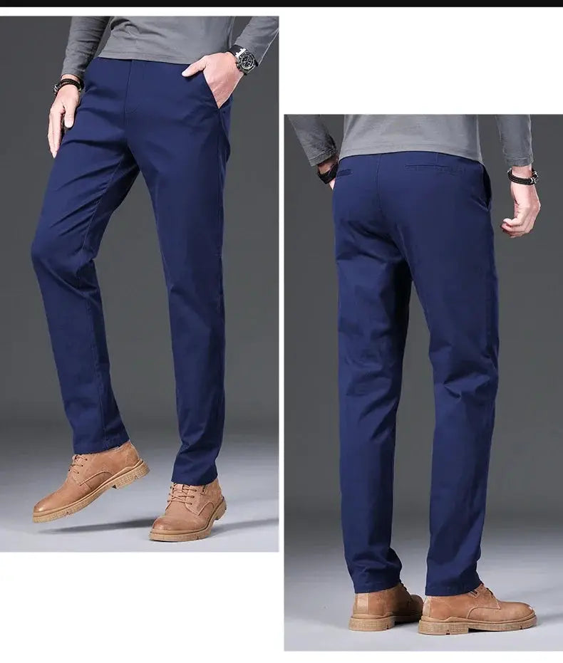 Men's casual pants, navy blue, 97% cotton, elastic slim-straight trousers