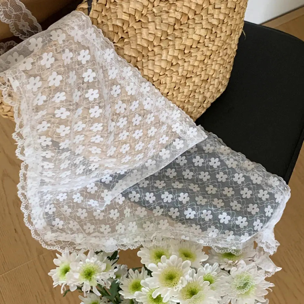 White Lace Triangle Scarf for Women Elegant Floral Ribbon Style Breathable Polyester Cotton Blend Travel Accessory