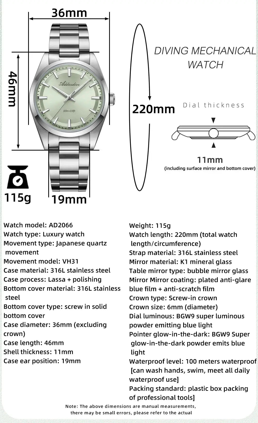 ADDIESDIVE 36mm AD2066 stainless steel quartz watch with BGW9 luminous dial and 100m water resistance