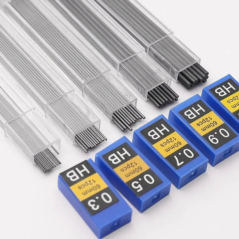 Metal mechanical pencil lead refill set with 0.3-2.0mm HB leads, transparent cases and blue boxes