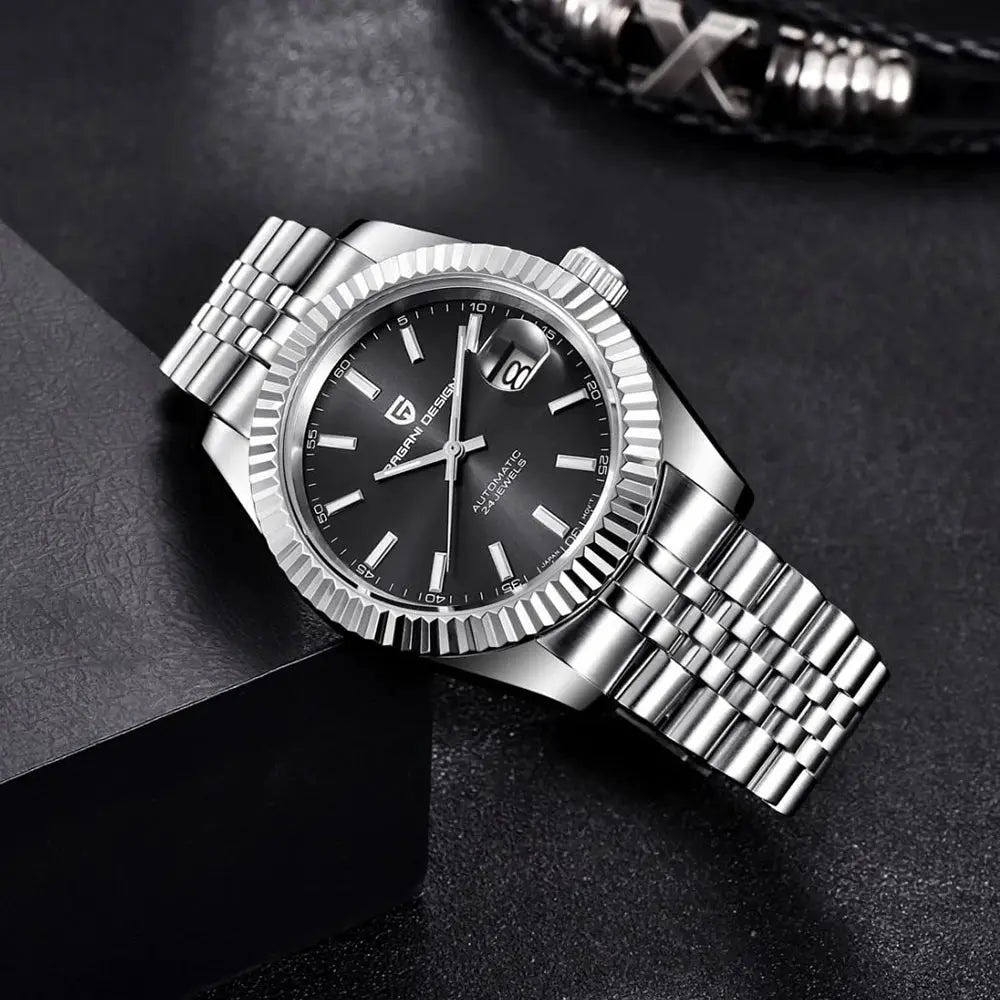 PAGANI DESIGN men's automatic watch with stainless steel Jubilee bracelet, black dial, magnified date window.