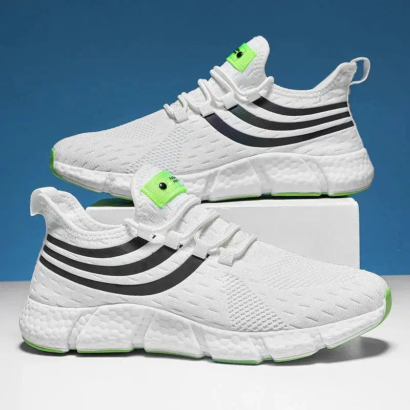Men's casual sports sneakers, breathable white mesh with black stripes and neon green accents, anti-slip outsole.